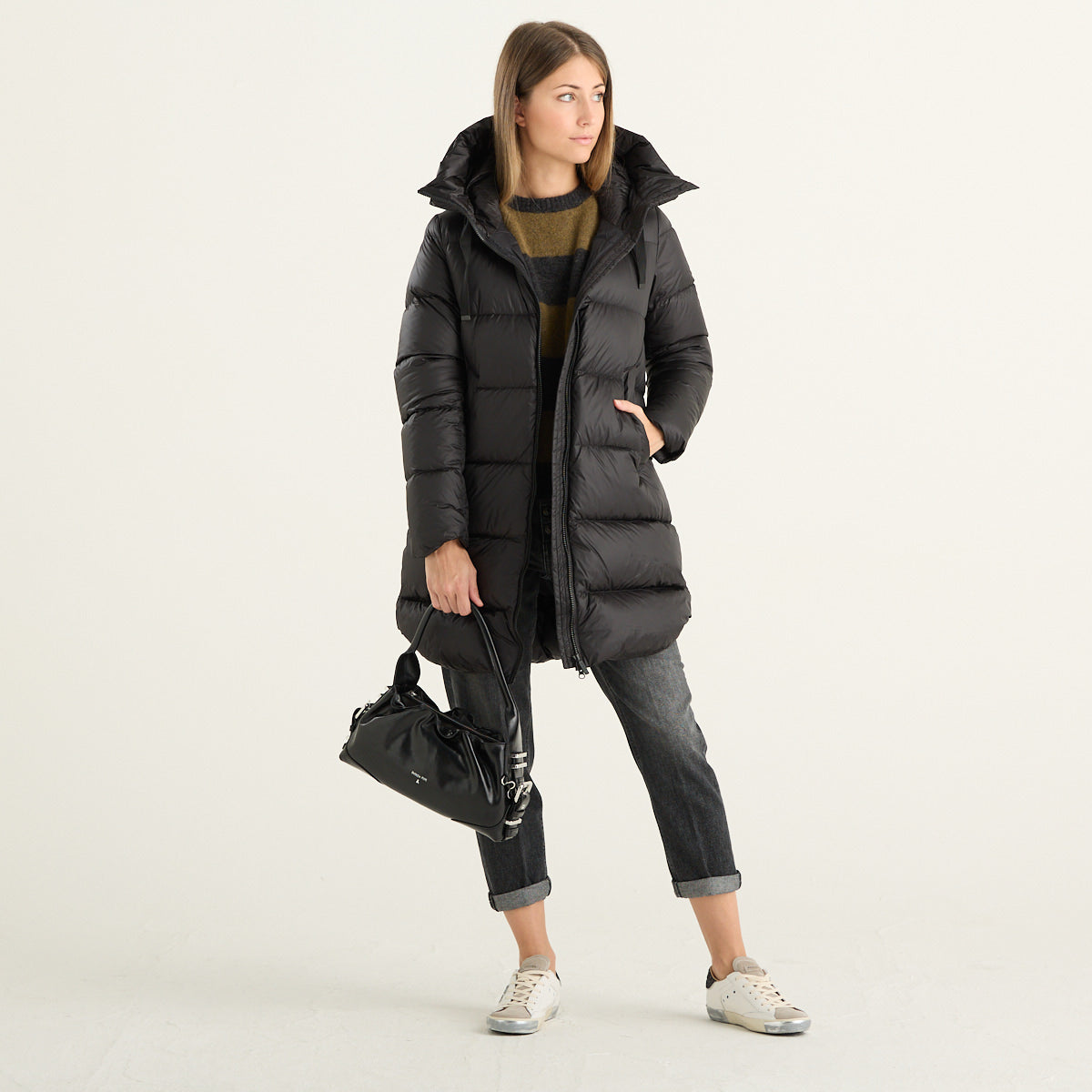 Bomboogie – Piumino lungo donna nero con cappuccio
