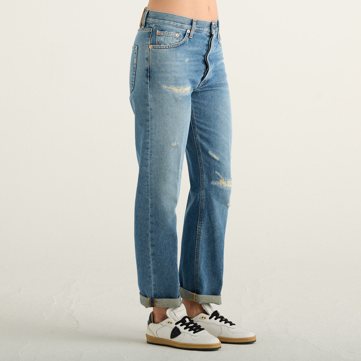 Dondup Jeans Donna Blu Chiaro con Strappi, Gamba Dritta e Risvolto