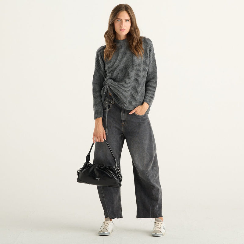 Haveone maglia donna grigia a coste con collo alto e coulisse laterale