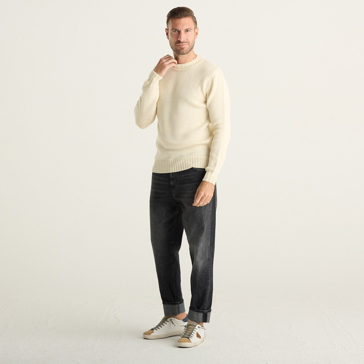 Wool & Co Maglione Girocollo Uomo Panna in Maglia Lavorata