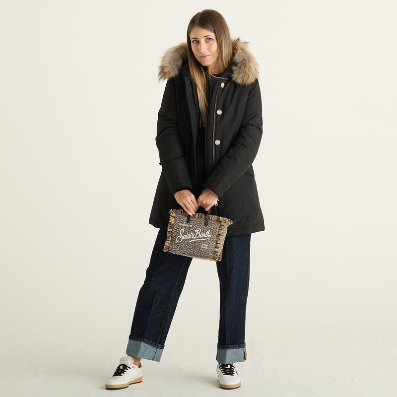 Woolrich parka donna Arctic Raccoon nero con cappuccio e pelliccia removibile