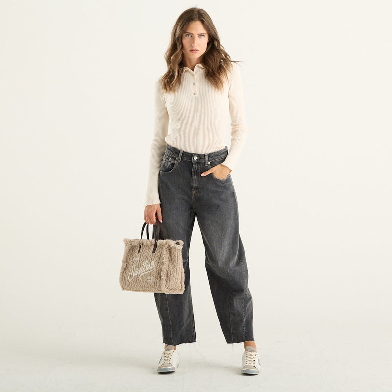 Haveone polo donna panna in maglia a coste con bottoni strass