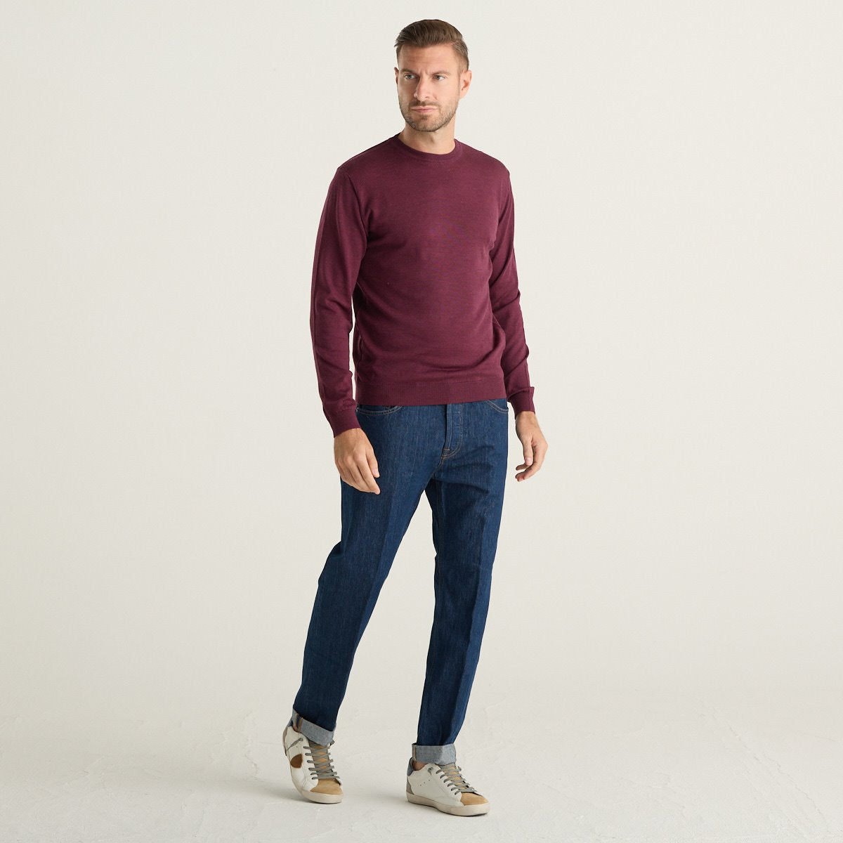 Wool & Co Maglione Uomo Bordeaux in Lana Merino e Cashmere Girocollo