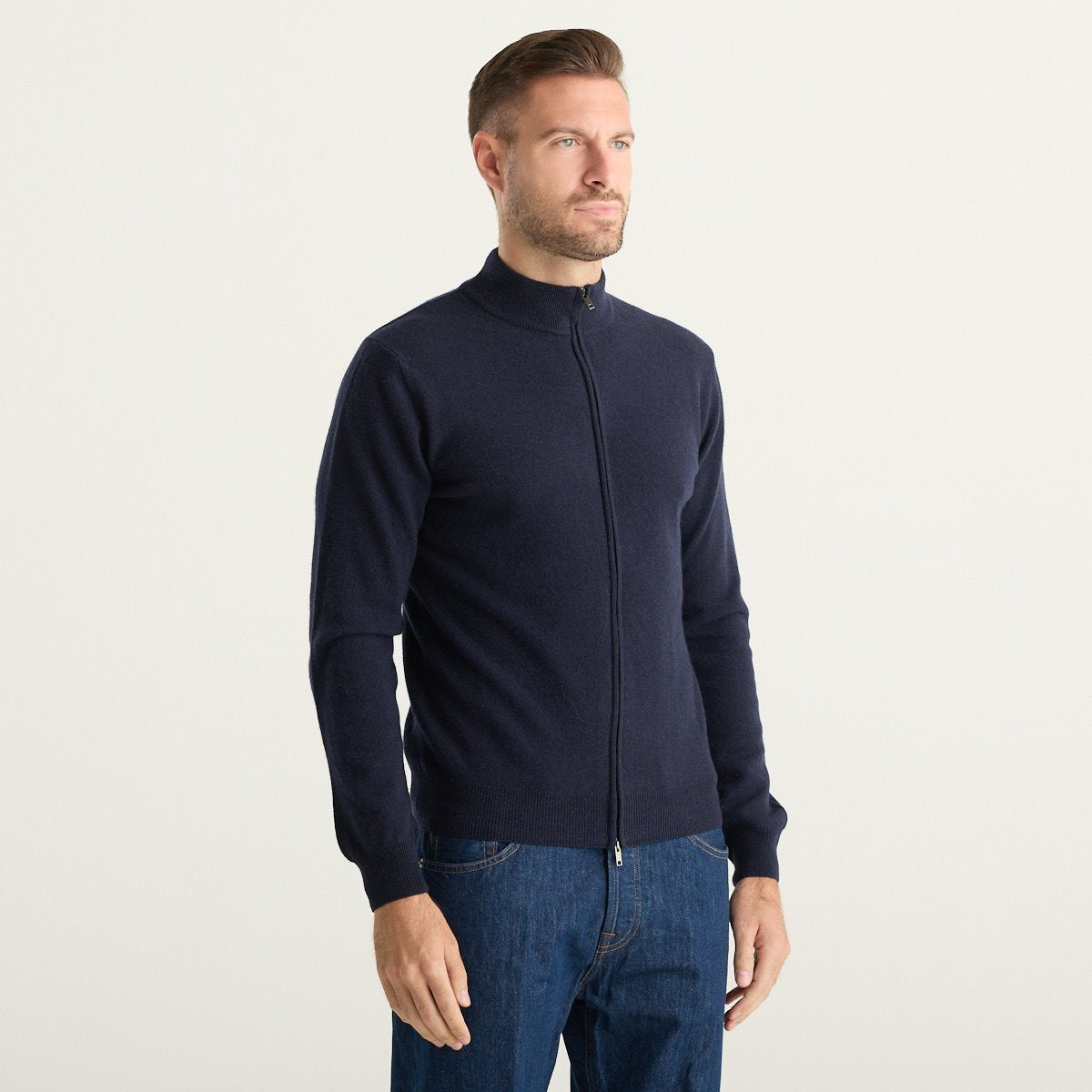 Wool & Co Cardigan Uomo Blu Navy con Zip in Maglia Fine
