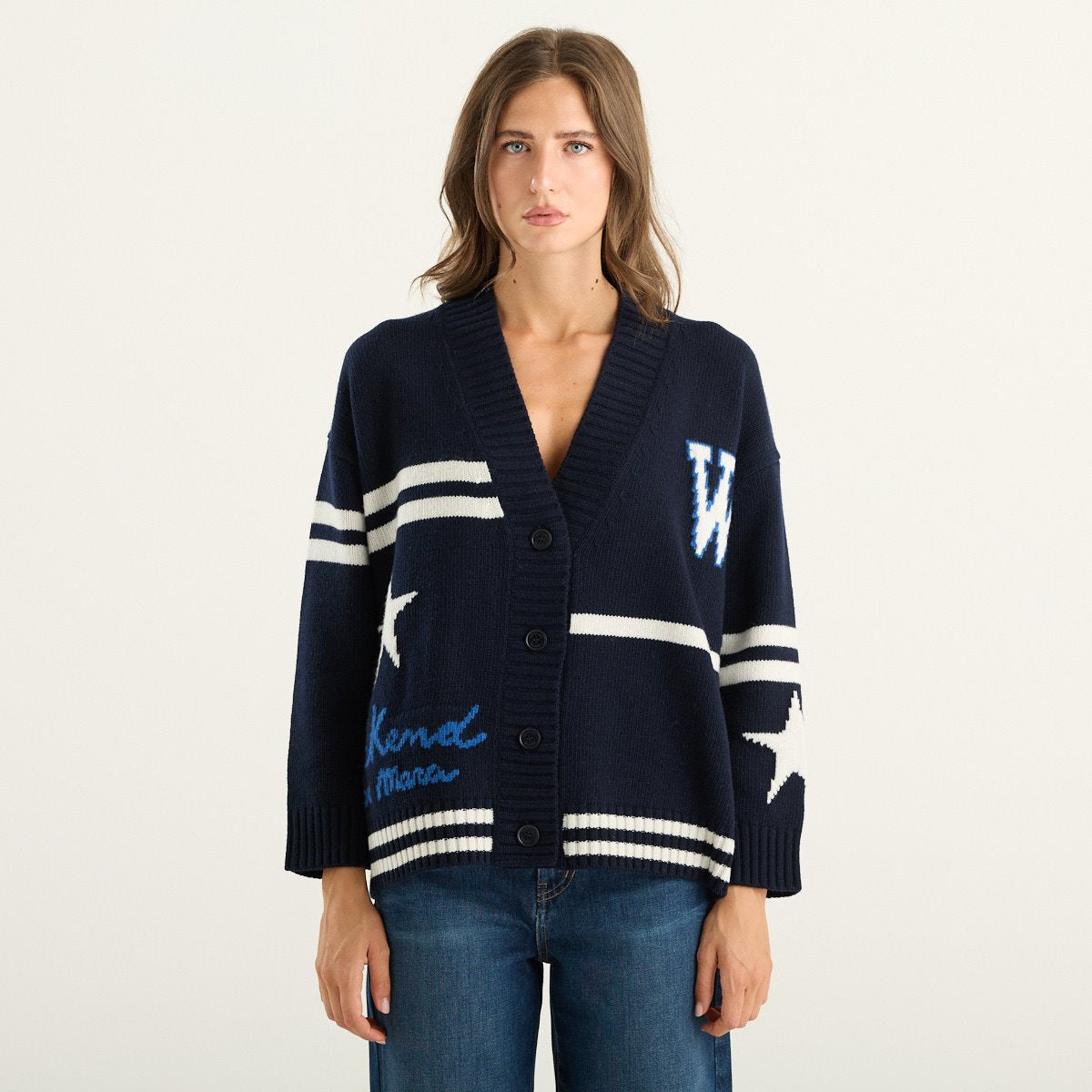 Weekend Max Mara cardigan donna Belgio in lana jacquard blu marino