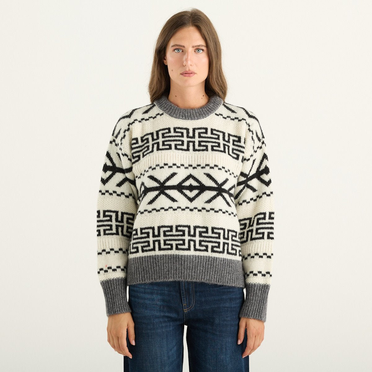 Woolrich maglione donna girocollo panna con fantasia geometrica nera