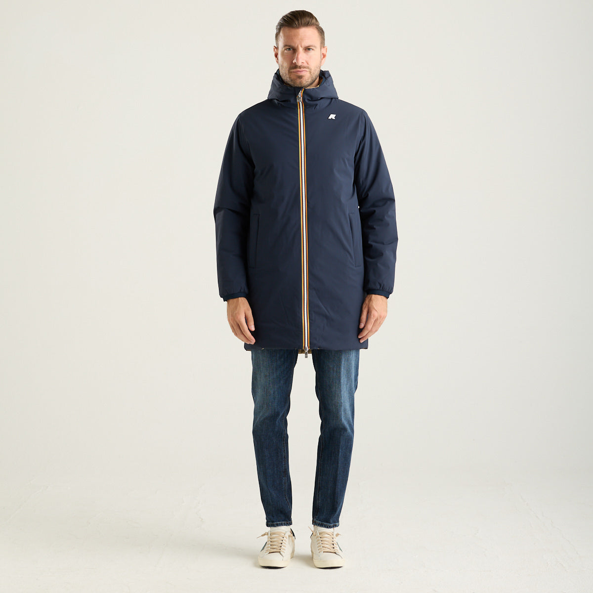 K-Way giubbotto lungo jacob reversibile blu e beige con cappuccio