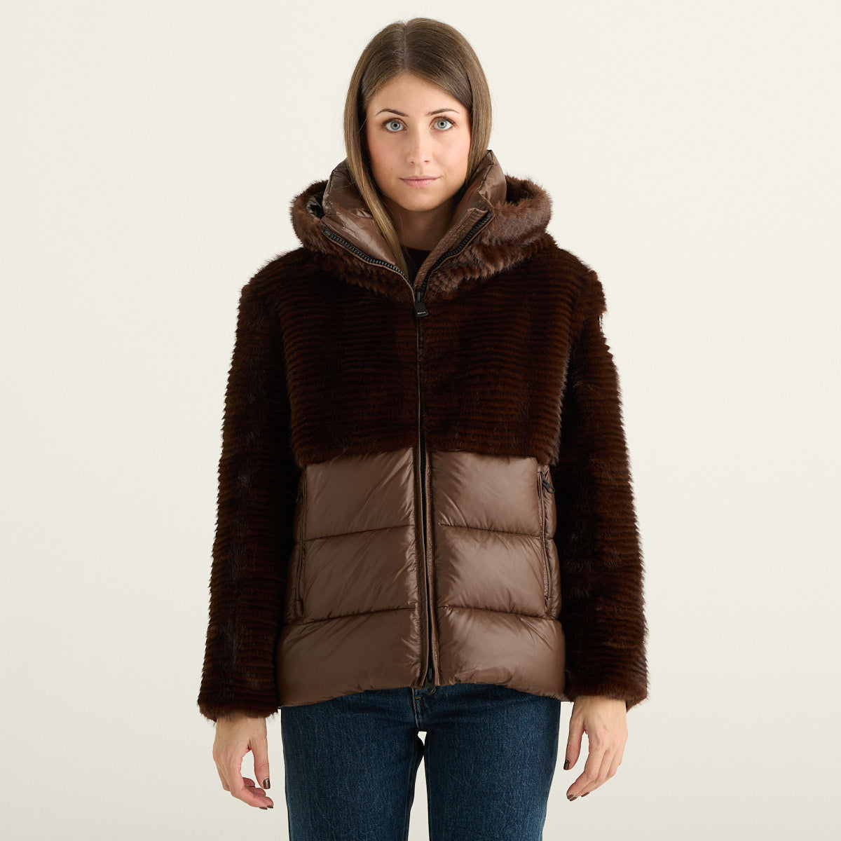 Blauer Fanevil Giubbotto Donna Marrone Cioccolato in Ecopelliccia e Nylon Trapuntato con Cappuccio