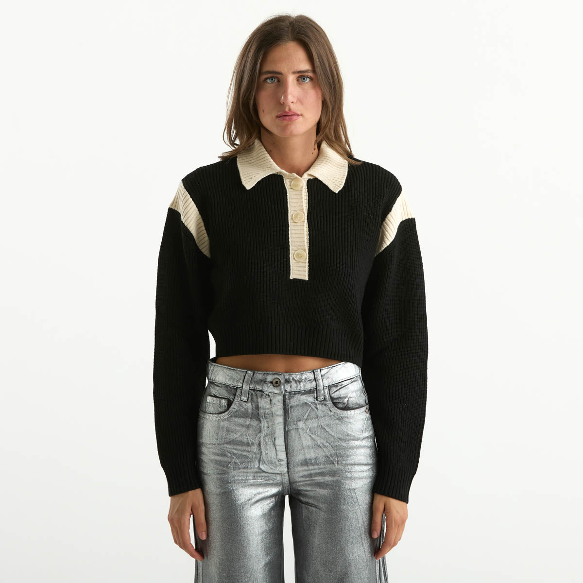 Patrizia Pepe maglione crop tessuto nero e panna