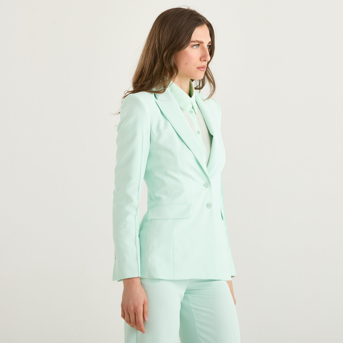 Patrizia Pepe giacca monopetto tiffany sfiancata