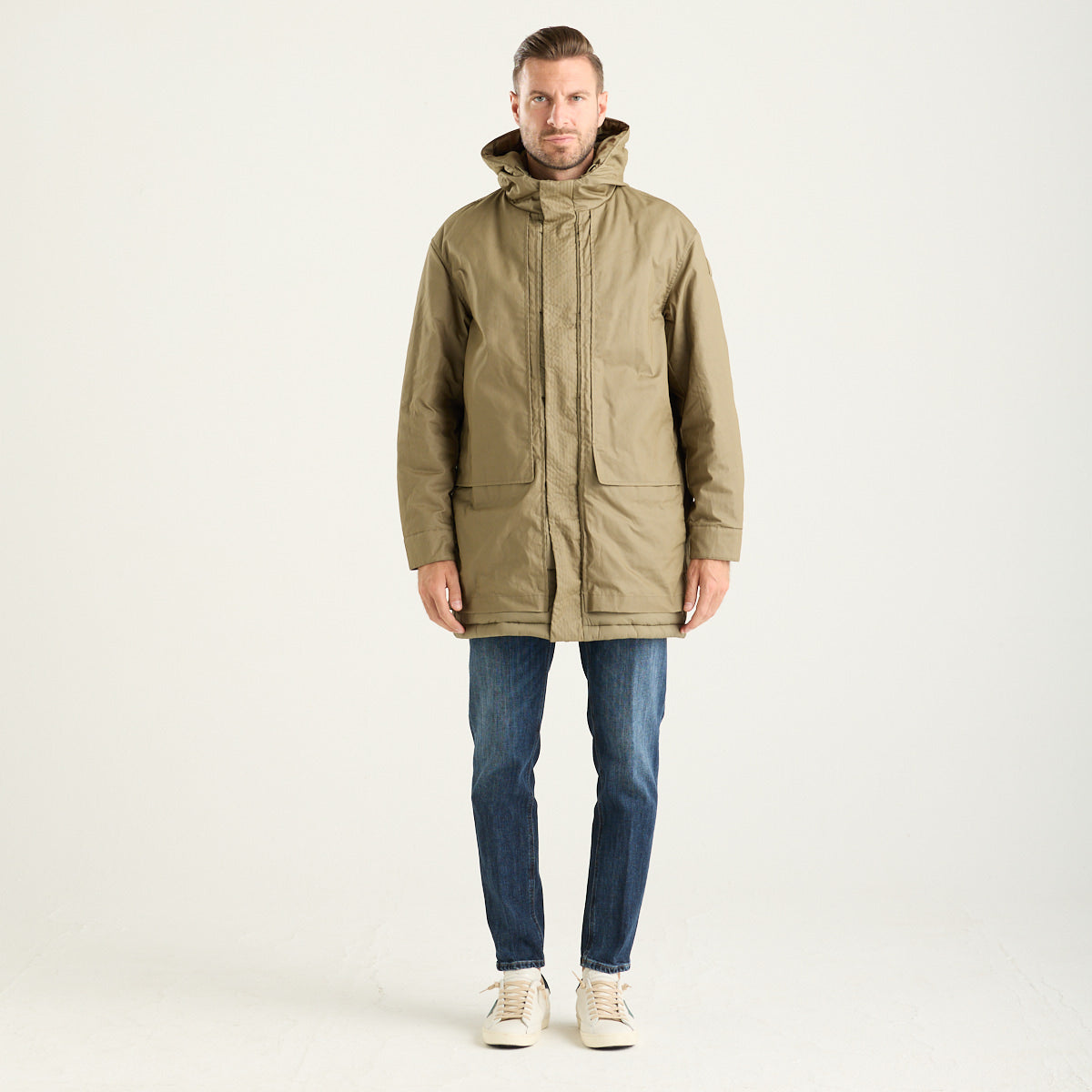K-Way parka curti wax con cappuccio in tessuto verde militare