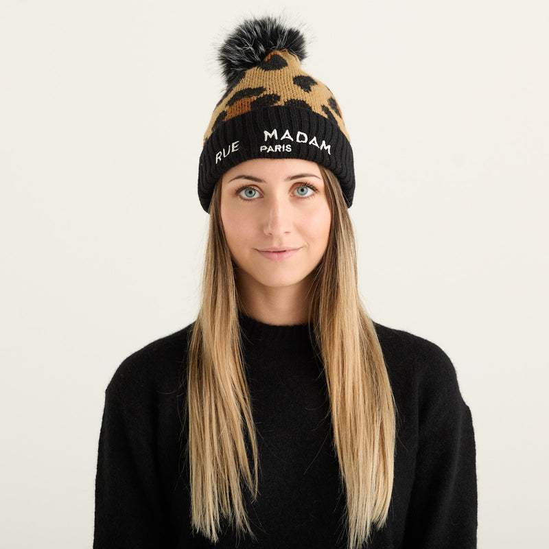 Rue Madam Paris Cappello Donna Leopardato con Pompon