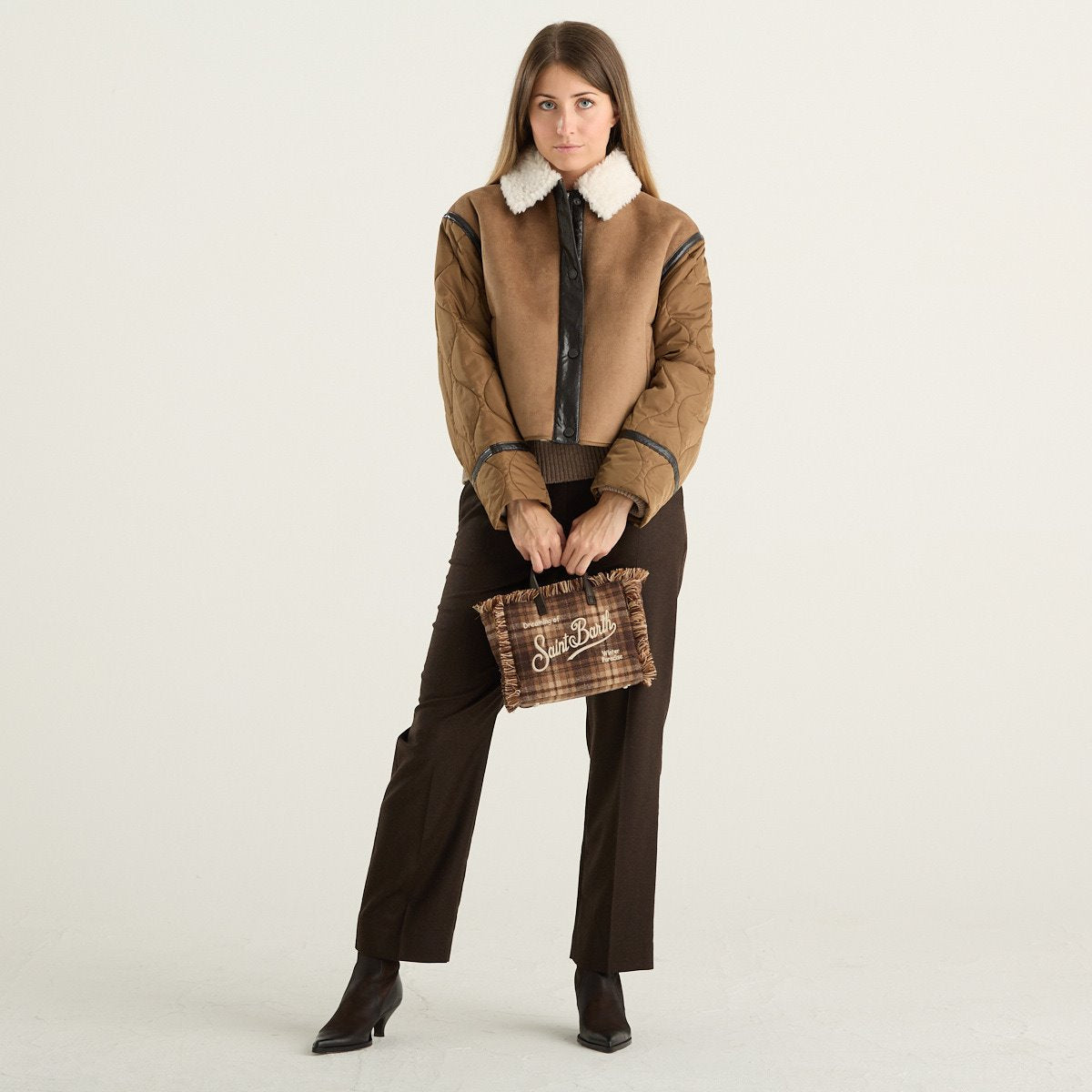 Weekend Max Mara giacca crop donna Gessati effetto suede cammello