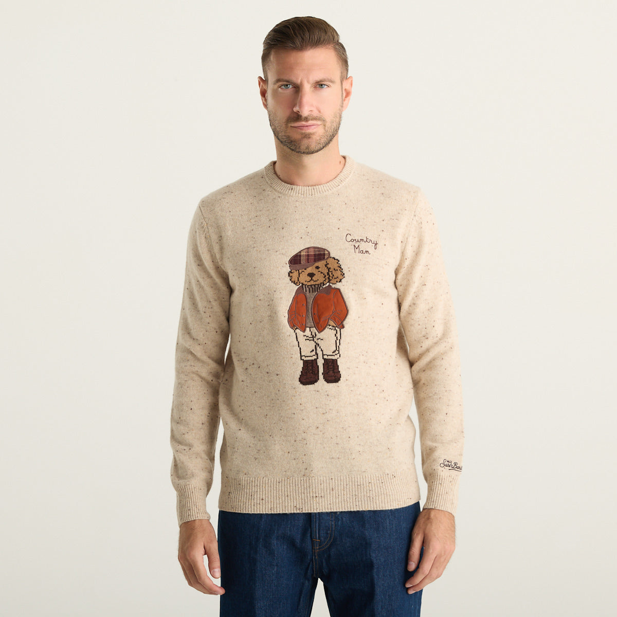 MC2 Saint Barth Maglione Uomo Beige Mélange con Orsetto Country Man