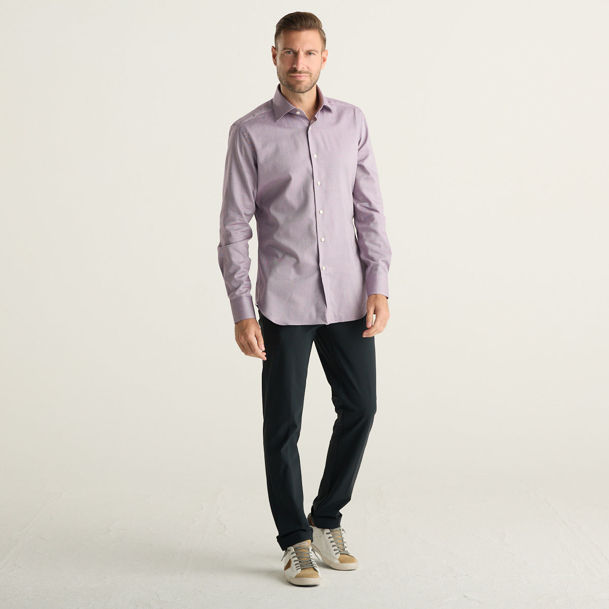Xacus camicia uomo lilla in twill di cotone con collo francese
