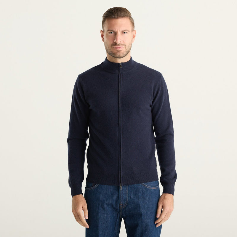 Wool & Co Cardigan Uomo Blu Navy con Zip in Maglia Fine