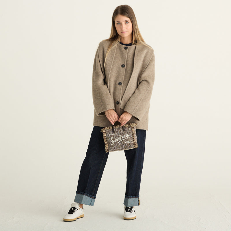 Mei Mei J Giacca Donna Beige Tortora Mélange con Bottoni e Collo a Girocollo