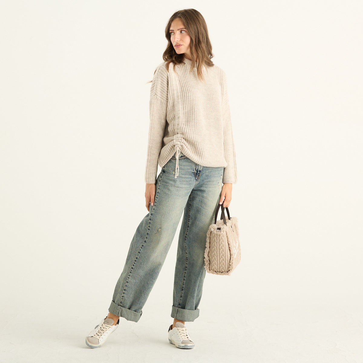 Maglia donna beige a coste con coulisse Haveone