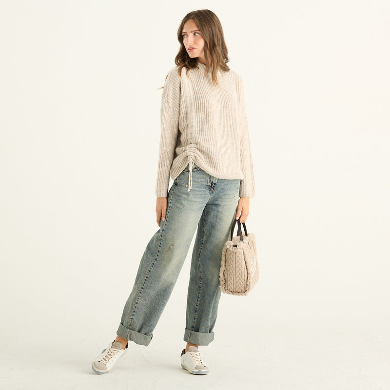 Maglia donna beige a coste con coulisse Haveone