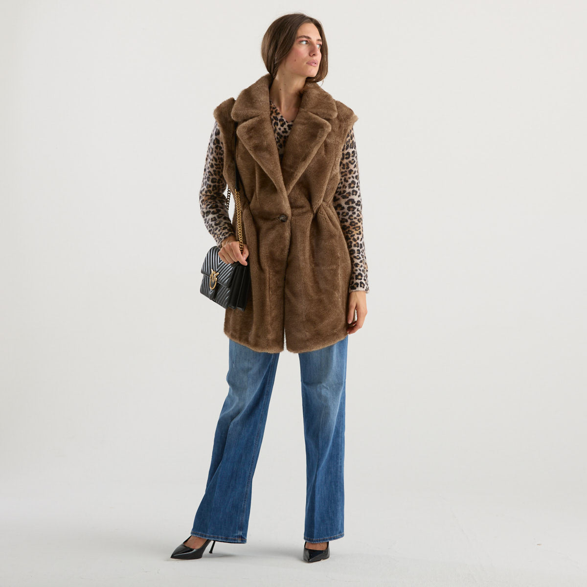 Blanche gilet eco pelliccia coulisse marrone