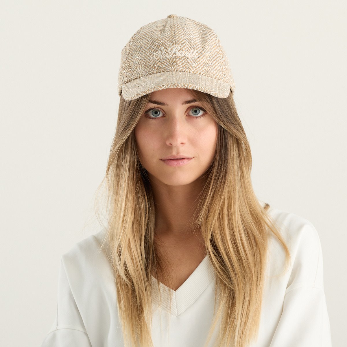 MC2 Saint Barth cappello donna Baseball Wool beige a spina di pesce con dettagli luminosi