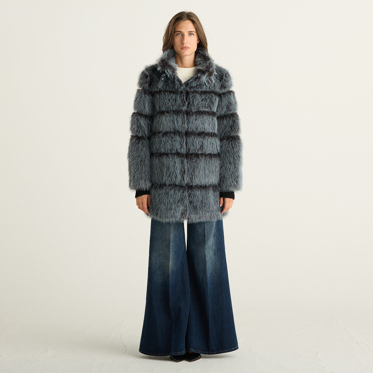 Patrizia Pepe giubbotto donna lungo in pelliccia sintetica Nexus Blue Melange