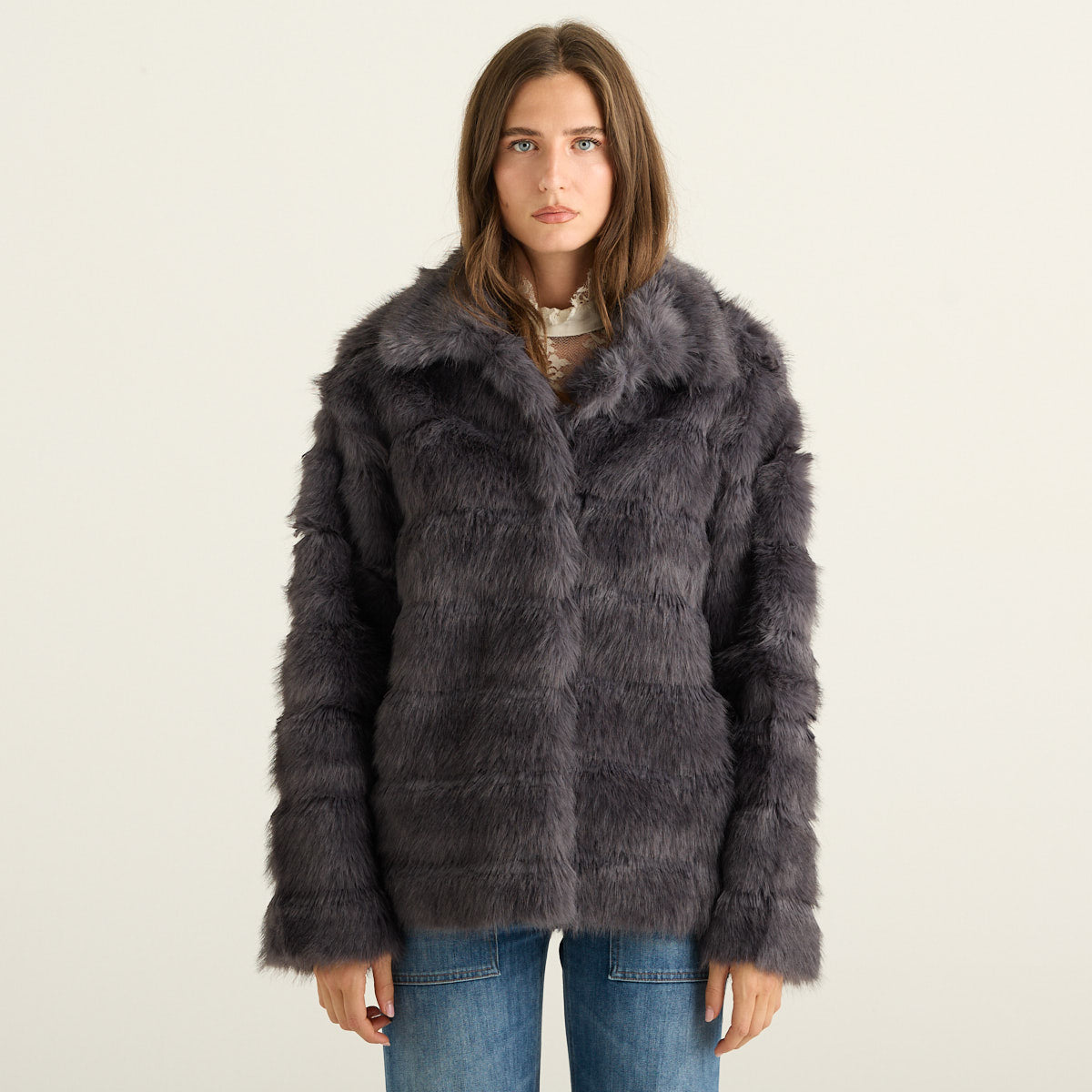 Blanche Giacca Reversibile Donna Grigio Antracite con Pelliccia e Interno Effetto Scamosciato