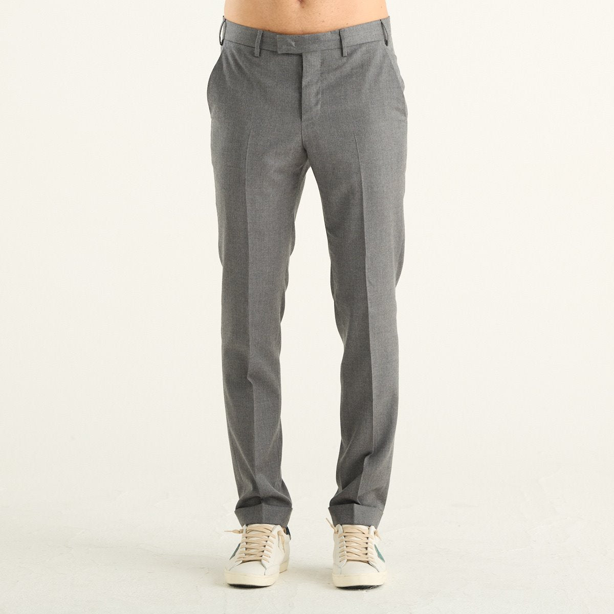 PT Torino pantaloni uomo grigi in flanella di lana stretch con risvolto