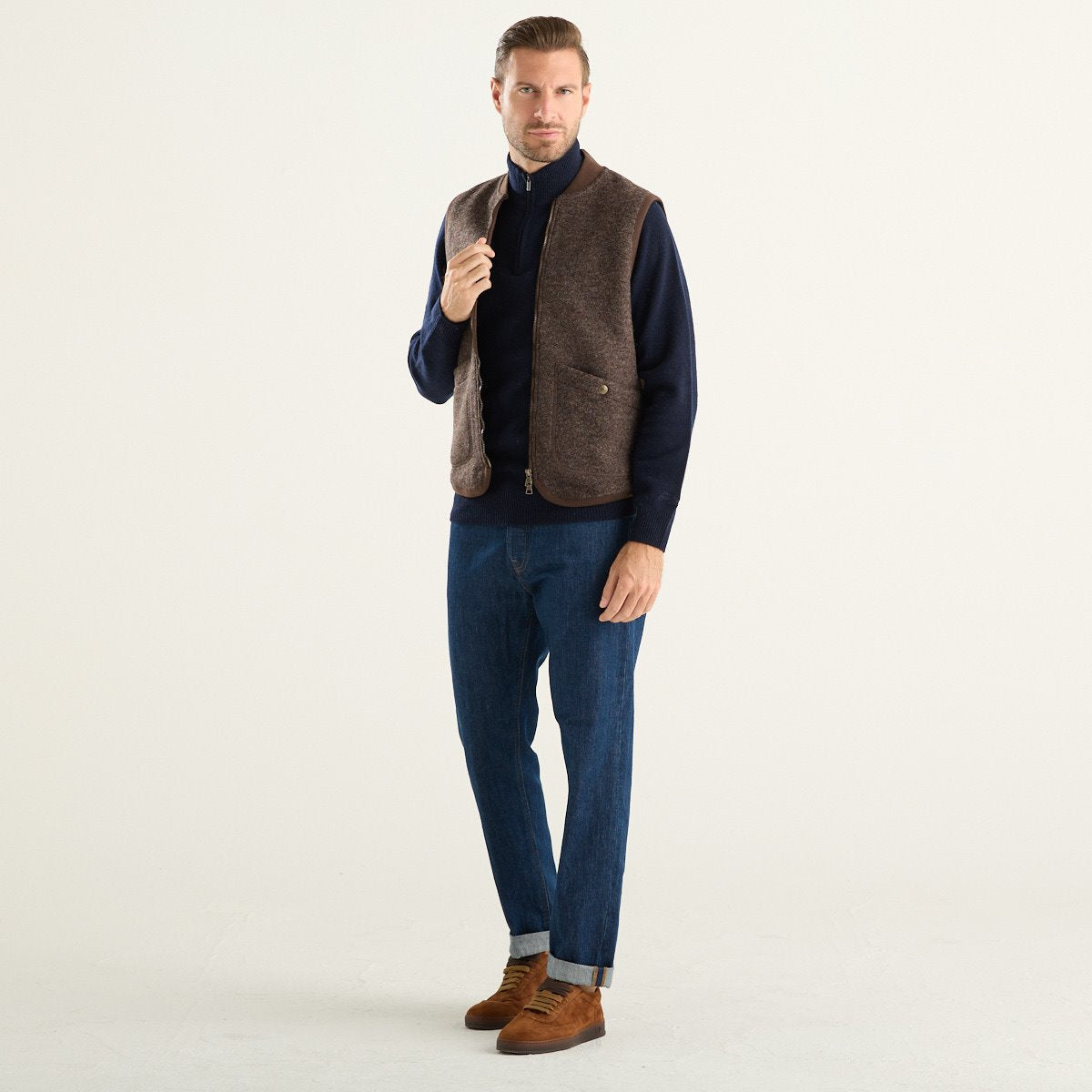 Bl’ker Vintage gilet uomo Wolf in lana cotta marrone scuro