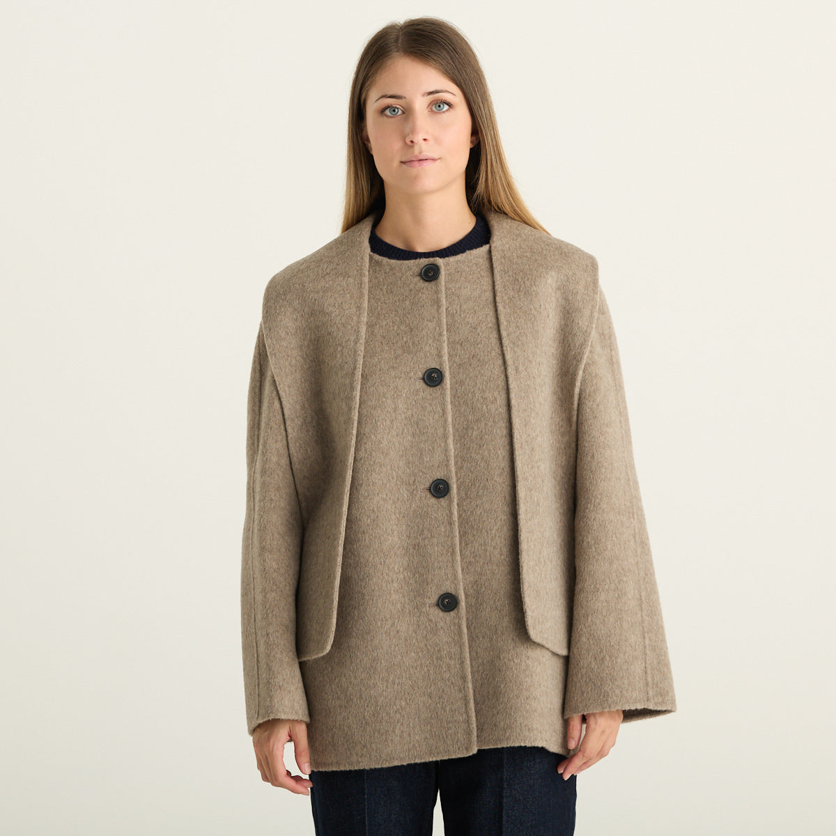Mei Mei J Giacca Donna Beige Tortora Mélange con Bottoni e Collo a Girocollo