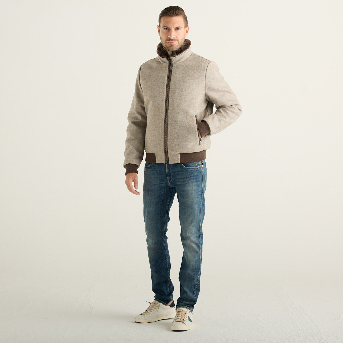 Moorer Bomber Uomo Beige con Collo in Shearling e Imbottitura in Piumino