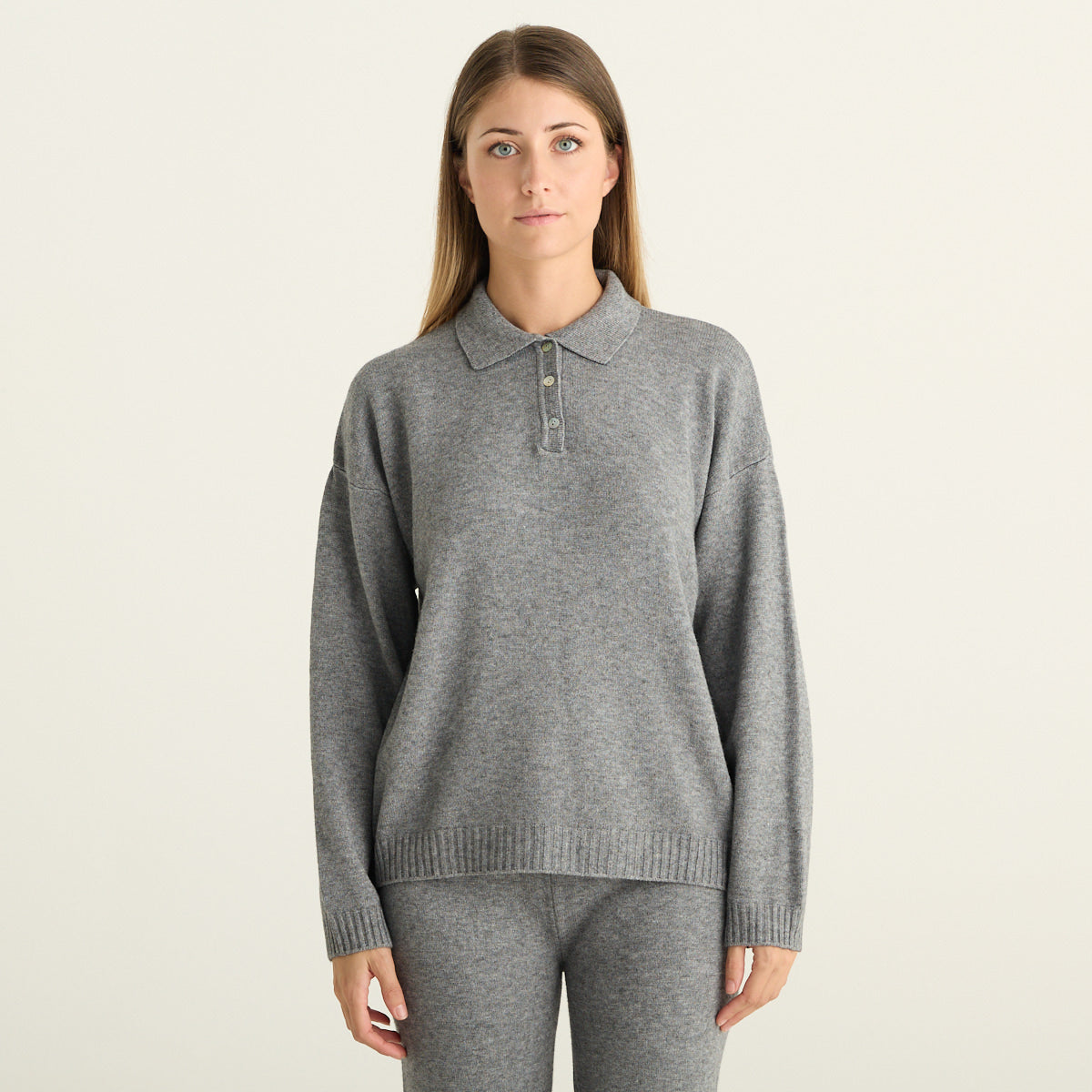 Haveone Completo Donna Grigio Mélange in Maglia con Polo e Pantaloni a Gamba Larga