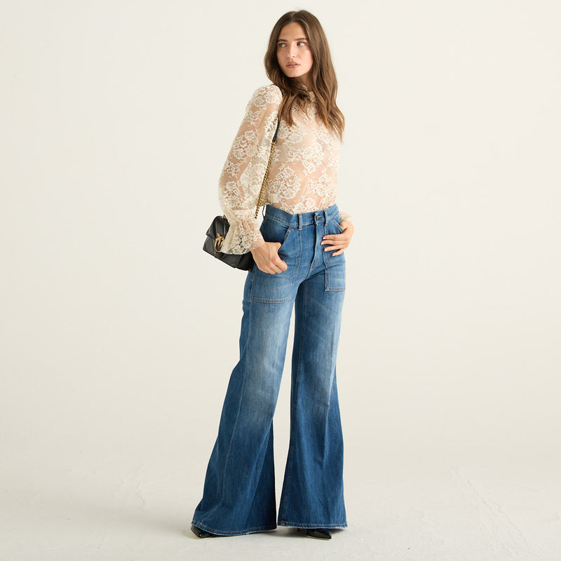 Haveone Blusa Donna in Pizzo Floreale Avorio con Collo Alto e Maniche Lunghe