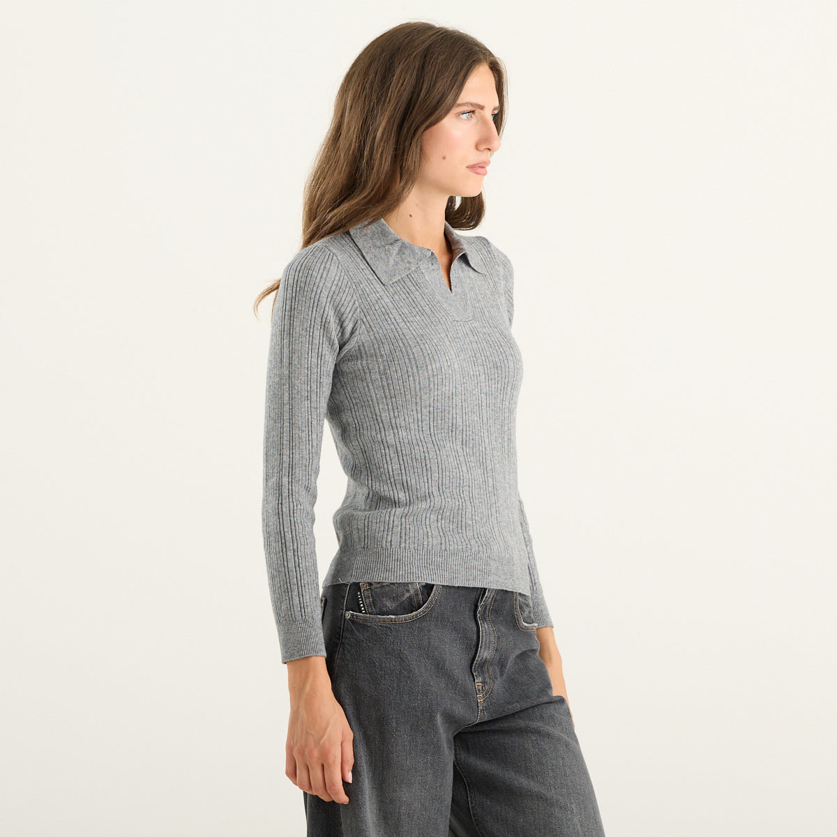 Polo donna grigia in maglia a coste Haveone