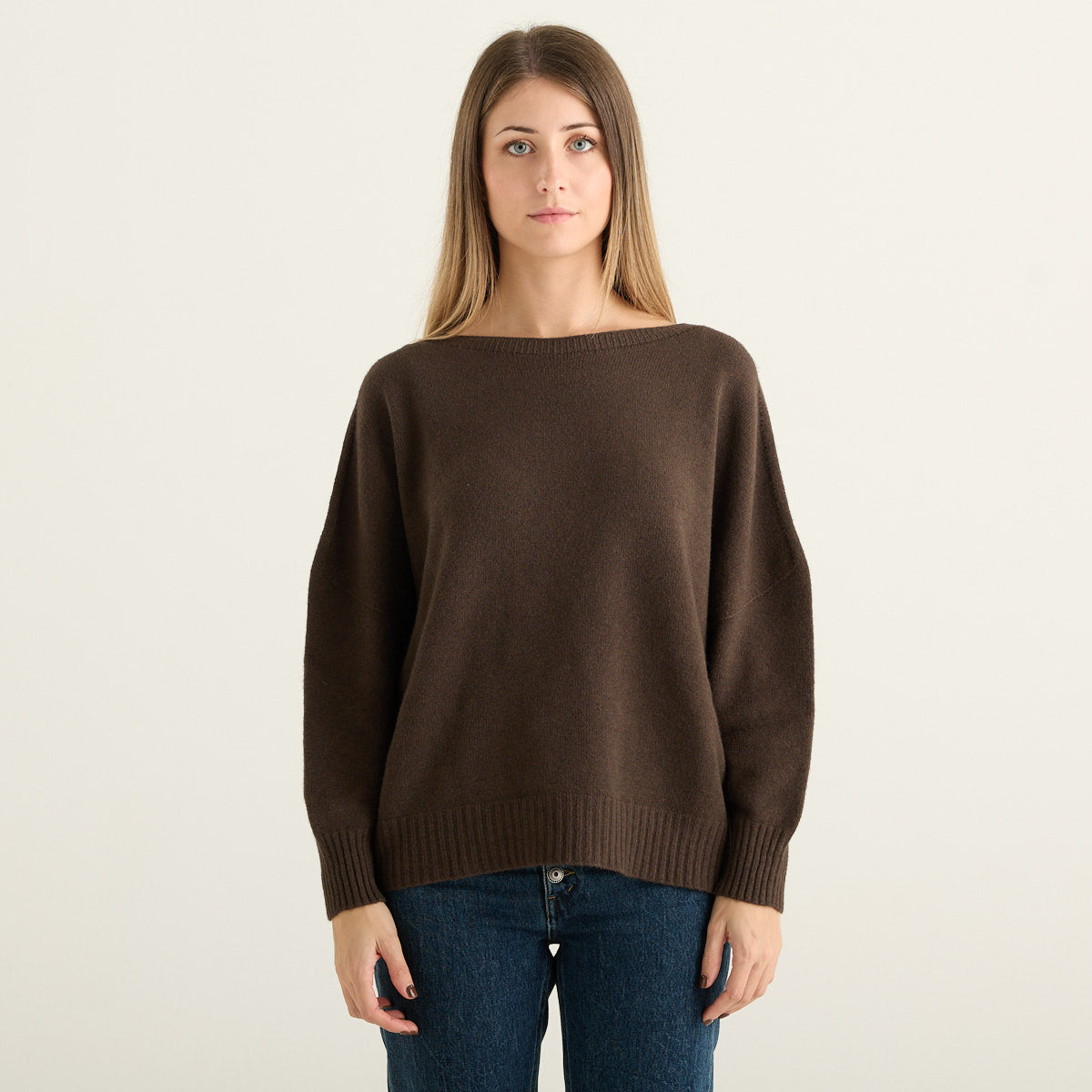 Have One Maglione Donna Marrone Cioccolato a Girocollo con Maniche a Pipistrello e Vestibilità Morbida