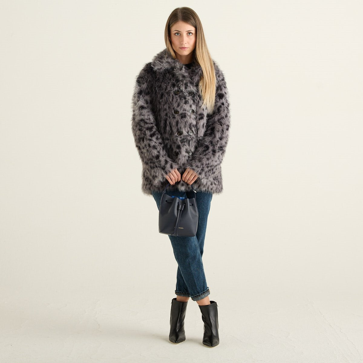 Blanche Giacca Reversibile Donna Grigio Leopardato e Nero con Pelliccia Effetto Montone