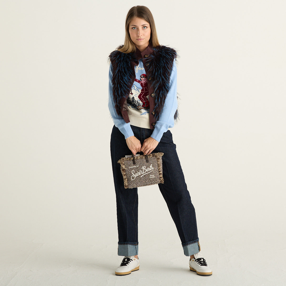 Souvenir Gilet Donna Marrone con Pelliccia a Pelo Lungo Blu e Chiusura con Bottoni