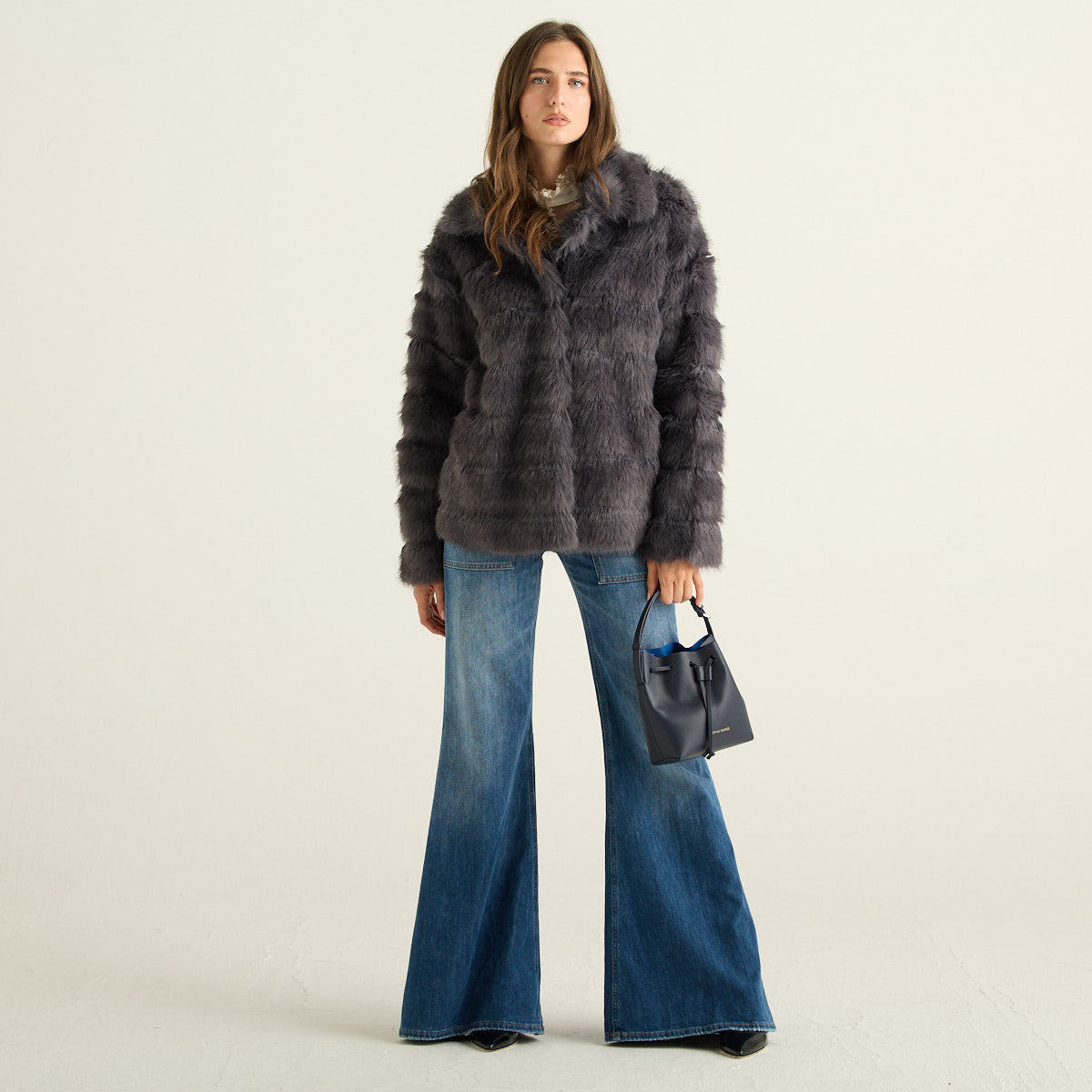 Blanche Giacca Reversibile Donna Grigio Antracite con Pelliccia e Interno Effetto Scamosciato
