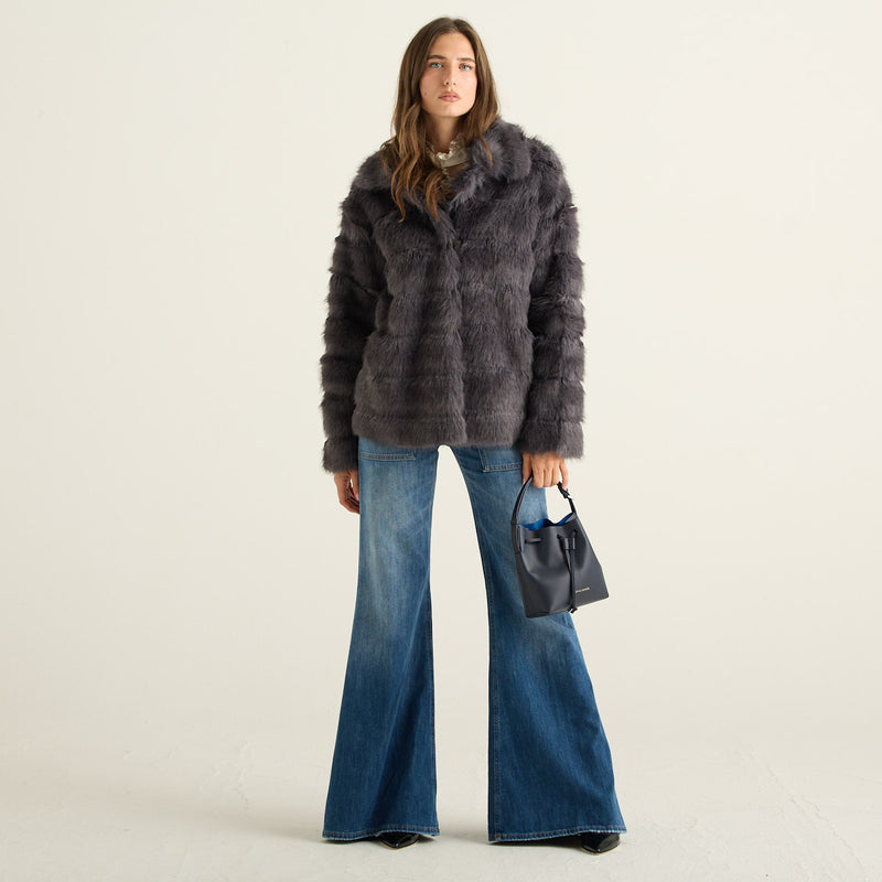 Blanche Giacca Reversibile Donna Grigio Antracite con Pelliccia e Interno Effetto Scamosciato