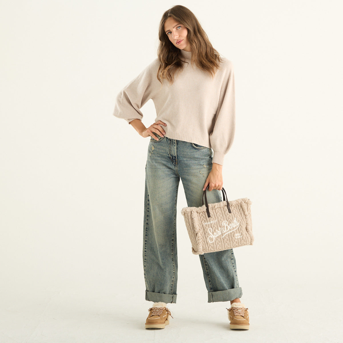 Maglia donna beige con maniche a palloncino Haveone