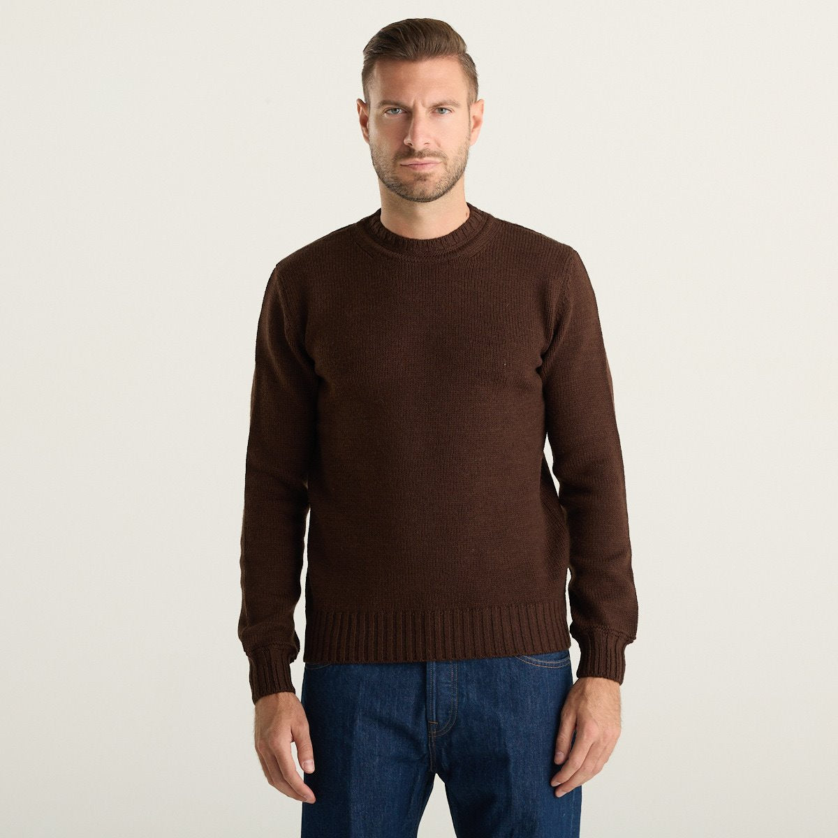 Wool & Co Maglione Girocollo Uomo Marrone in Maglia a Coste