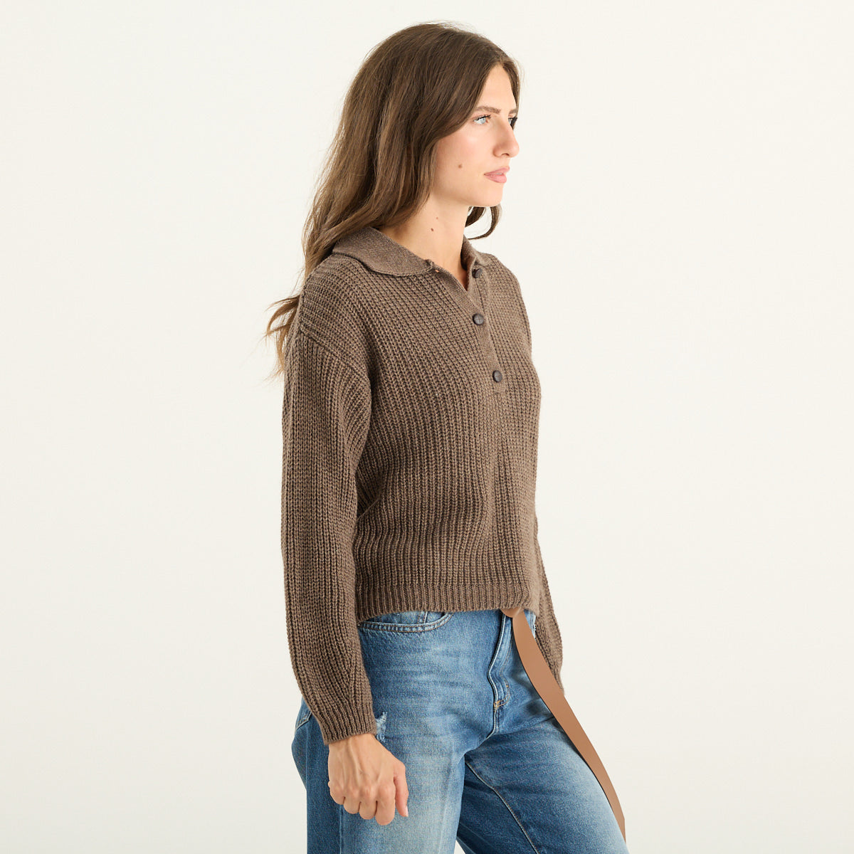 Haveone polo donna marrone in maglia a costa inglese
