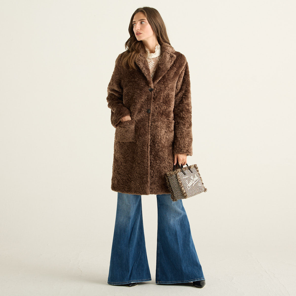 Blanche Cappotto Reversibile Donna Marrone Nocciola e Fango Effetto Montone con Tasche