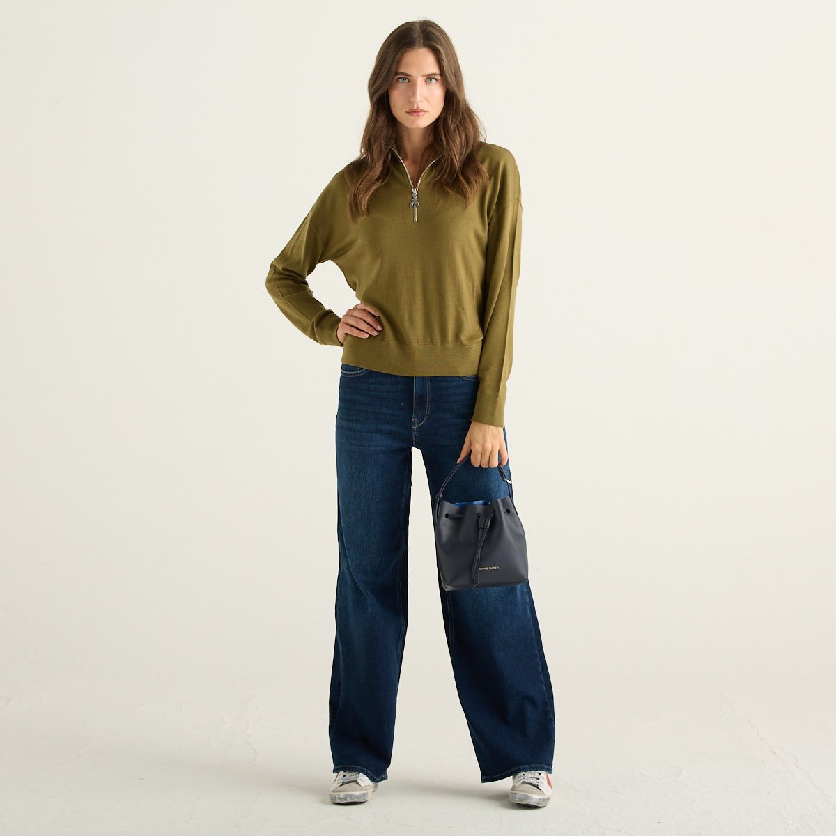 Patrizia Pepe Maglia Donna Verde Oliva con Collo Alto e Mezza Zip