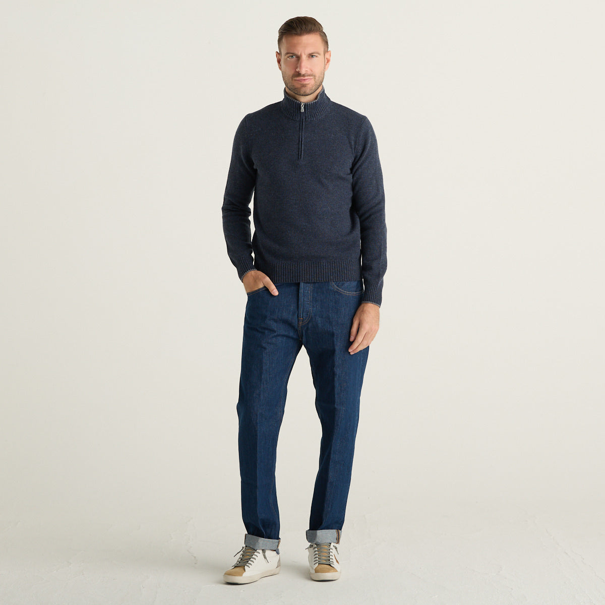 Gran Sasso Maglia Uomo Blu Avio Mélange in Pura Lana con Collo Alto e Mezza Zip