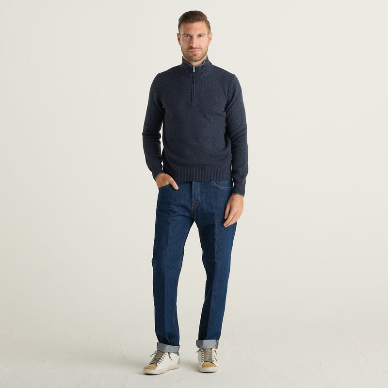 Gran Sasso Maglia Uomo Blu Avio Mélange in Pura Lana con Collo Alto e Mezza Zip