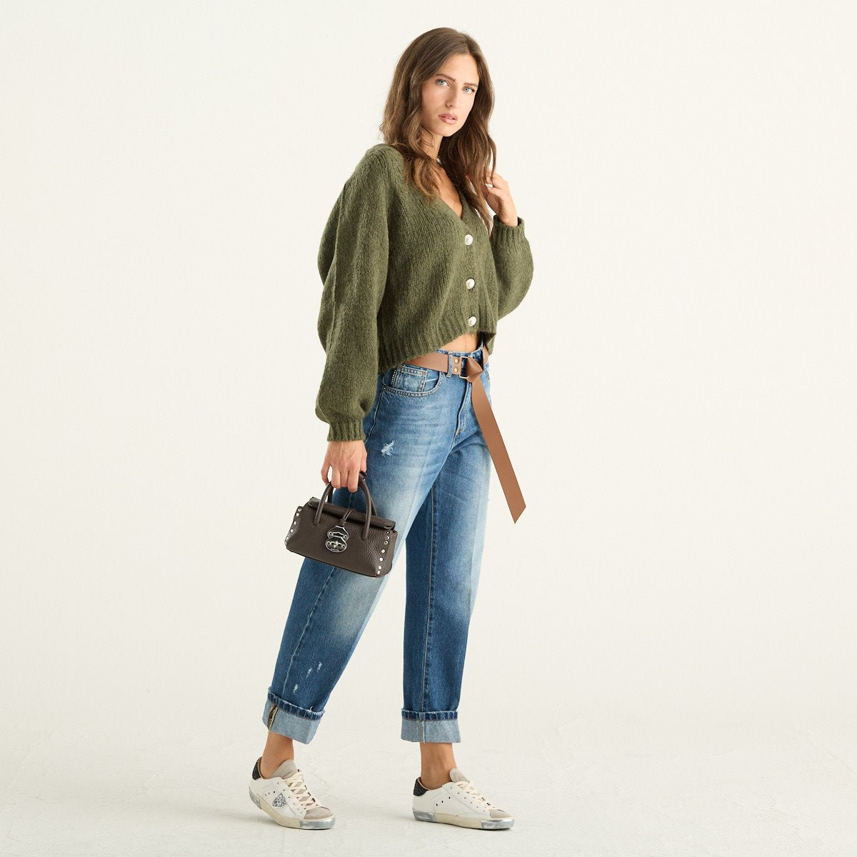 Haveone cardigan donna corto verde militare con bottoni gioiello