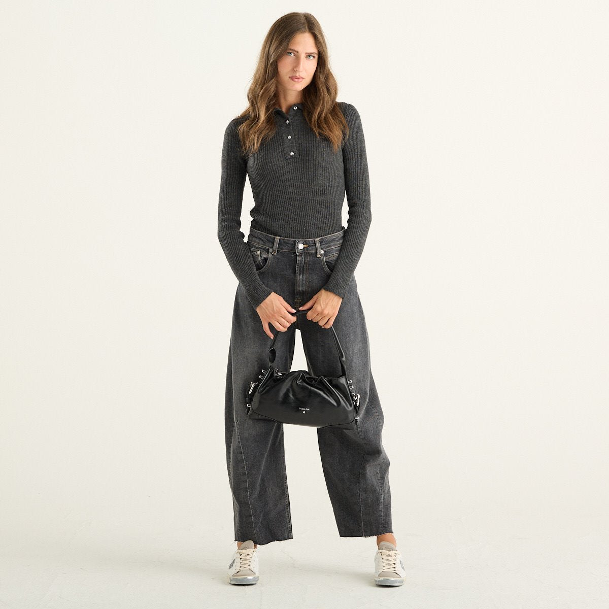Haveone polo donna grigio antracite a coste con bottoni strass