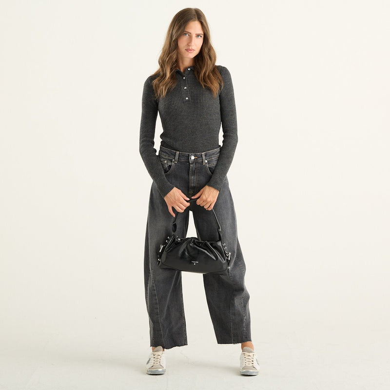 Haveone polo donna grigio antracite a coste con bottoni strass
