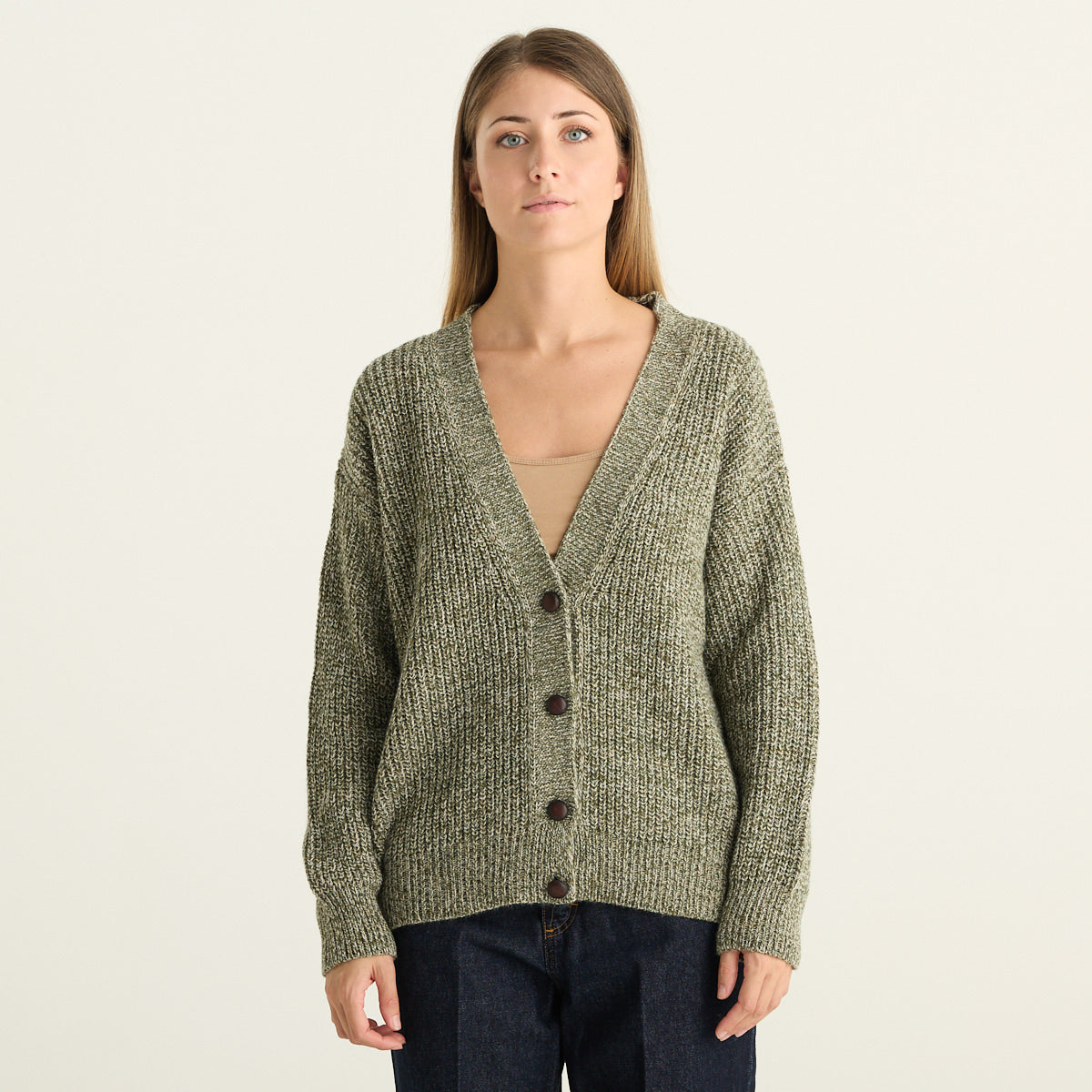 Haveone Cardigan Donna Verde Salvia Mélange in Maglia a Coste con Scollo a V e Bottoni
